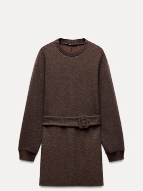 Zara Dark Brown Knit Belted Crewneck Sweater Dress Size Medium